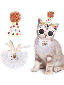 3 pezzi Set Festa di Compleanno per Animali Domestici Gatto e Cucciolo, Fiocco con Nappe, Decorazioni per Feste, Vestito da Festa per Gatto, Cappello da Festa, Costume da Cane, Bavaglino in Pizzo Carino per Cuccioli, Set di Decorazioni per Feste per Gatti e Cani di Taglia Piccola e Media