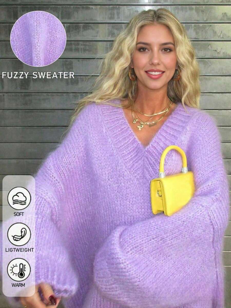 Casual Boho Holiday Party Vintage Style Cute Airport Streetwear Country Concert Going Out Tops, Cosplay Halloween Costume, Sexy Witch Costume, Back To School, Y2K Country Concert, Fall Winter, Goth Steampunk, Boho Holiday Party V-Neck Solid Color Fluffy Casual Pullover Sweater