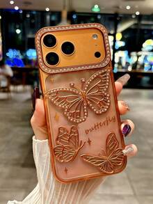 Ốp điện thoại hình bướm đính đá cho nữ/bé gái, tương thích với iPhone 17 Pro Max, 17 Air, 16, 15, 14, 13, 12 Pro Max, 14, 15, 16 Plus, 11, 13, 16, 17, màu cam ombre lấp lánh sang trọng, mặt lưng mềm trong suốt mạ điện bóng. - trái cam - Xem 3