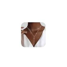 Luxval Lariat Gold Necklace For Women, Dainty Long Necklace 14k Gold Plated/Silver Y-Shaped Pendant Necklaces  Beaded Chain Drop Necklaces Jewelry For Women Gifts{"Color_name":"Silver-YLayeredBeadNecklace"} - 銀色-Y形多層珠項鍊 - 查看 1