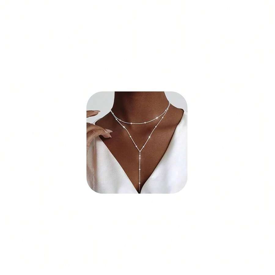 Luxval Lariat Gold Necklace For Women, Dainty Long Necklace 14k Gold Plated/Silver Y-Shaped Pendant Necklaces Beaded Chain Drop Necklaces Jewelry For Women Gifts{"Color_name":"Silver-YLayeredBeadNecklace"} - 銀色-Y形多層珠項鍊 - 查看 1