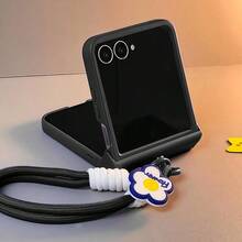 Luxury Minimalist Black Phone Case With Floral Lanyard, Compatible With Samsung Galaxy ZFlip7 Z Flip6 ZFlip 5 Zflip6 Zflip5, Shock-Resistant Back Cover, Also Compatible With Motorola Phone Cases - 黑色 - 查看 2