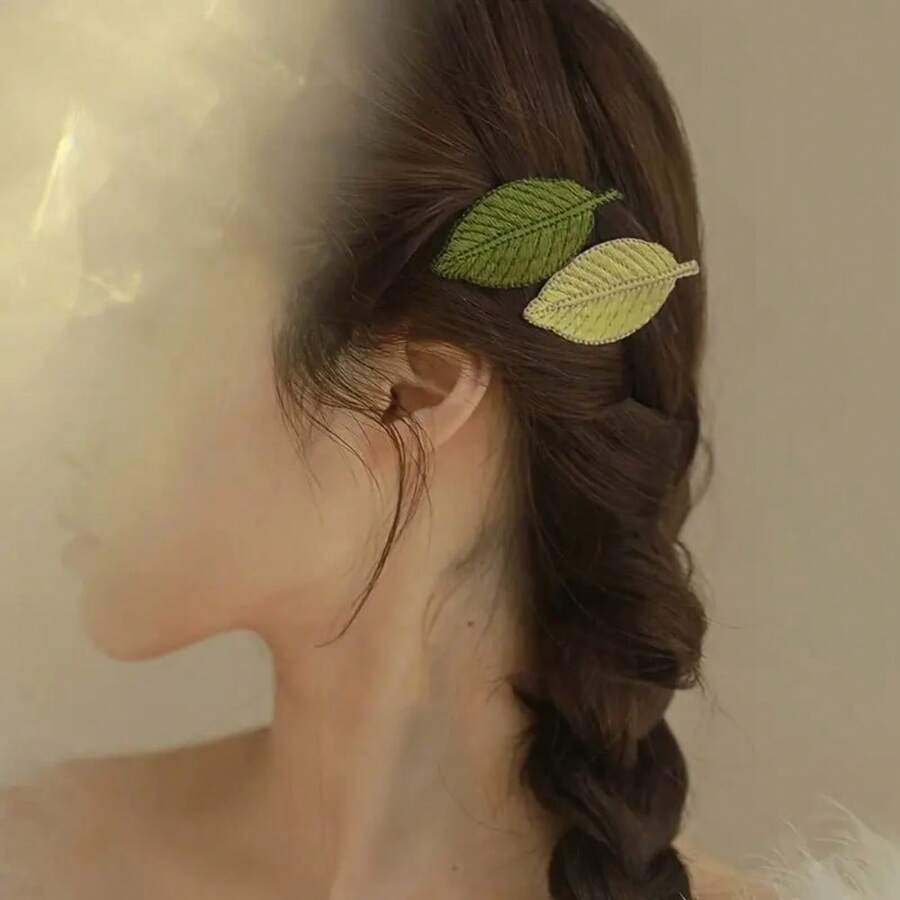 2pcs Fashionable Leaf Shaped Embroidered Hair Clips, Stylish Hair Accessories Suitable For Girls And Women For Daily Wear, Party, Makeup, Gifts, Couples, Hair Slide, Hair Barrettes