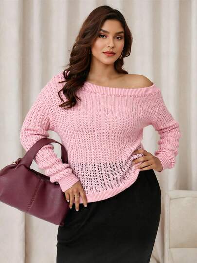 粉色露肩针织毛衣，大码女款，宽松休闲优雅套头衫