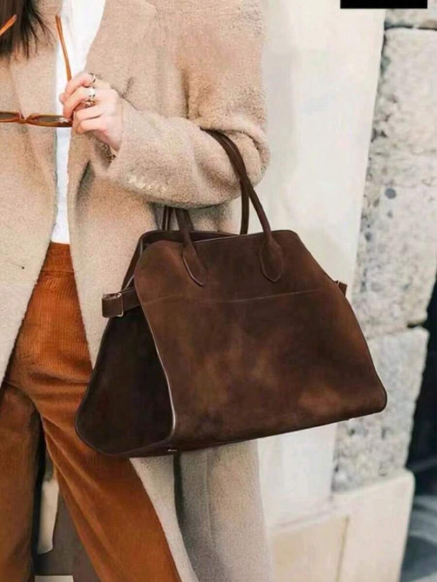 Vintage Brown Suede Tote Bag - Large Capacity Commute Shoulder Bag With Magnetic Closure, Nylon Lining, Handles, Ideal For Everyday Use, Everyday Tote Bag | Vintage Style Bag | Handles, Tote Bag - Brown - View 1