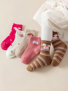 5 Pairs Girls' Crew Socks, Pink, White, Red, Coffee, Yellow, Color Block, Cartoon Rabbit & Dog, Striped Pattern, Soft & Warm, Thick, Simple Style, Cute, Fashionable, Versatile, Suitable For Daily Wear, Autumn/Winter - Multicolor - View 8