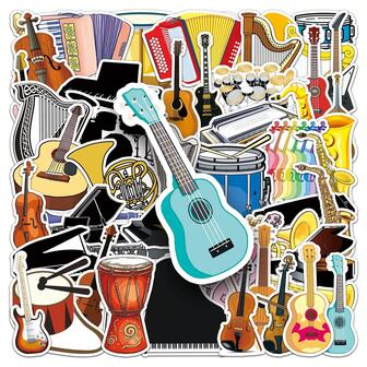 50 pezzi Adesivi per strumenti musicali - Decalcomanie in vinile per laptop, chitarra, skateboard, bicicletta, bagagli, telefono - Monouso, colori misti, adesivi adatti per musicisti e hobbisti di età superiore a 14 anni
