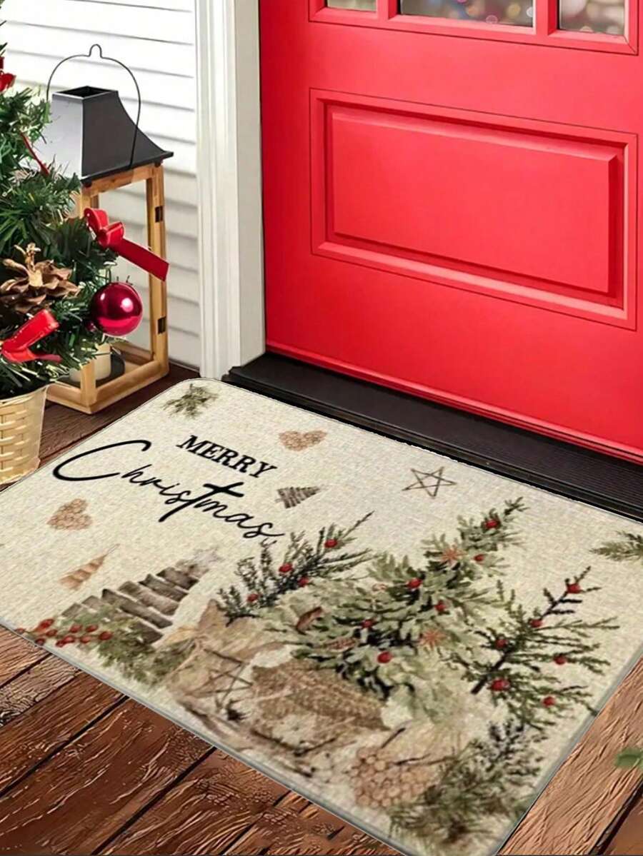 1 Piece Christmas Doormat Decorated With Pine Needles, Berries, And Holly Leaves - Made Of Polyester Material, Machine Washable, Suitable For Indoor And Outdoor Holiday Decoration, Christmas Specific Doormat Kitchen Rug - Multicolor - View 1