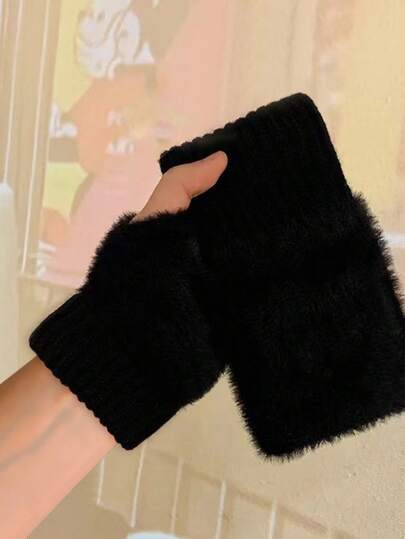 1pair Mink Fleece Soft Winter Half Finger Gloves Women Warm Luxury Solid White Plush Knitted Fingerless Gloves Wrist Mittens Writting