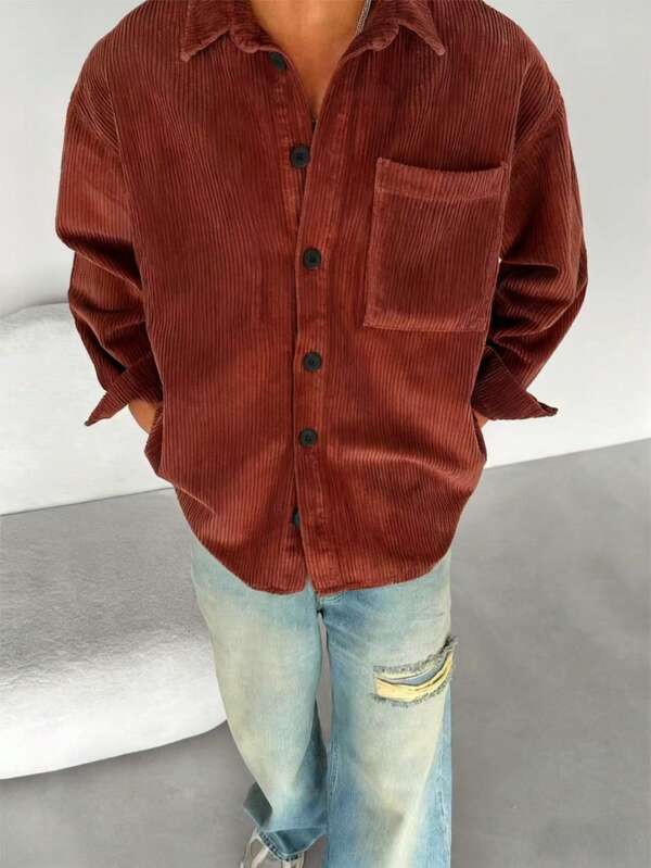 Men's Casual Corduroy Long Sleeve Shirt, Brown-Red , Fall Winter