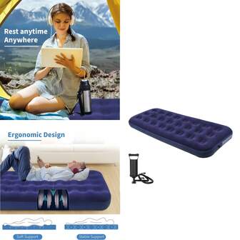 Dubbelstor luftmadrass Enkelluftmadrass - Hopfällbara uppblåsbara madrasser med flockad topp - Bärbara uppblåsbara sängar med lappsats för backpackingtält, camping/hemma/resor