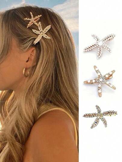 3pcs Vintage Faux Pearl Decor Starfish Shaped Hair Clip Stylish Hair Bun Maker Accessory, Suitable For Women And Girls For Daily Wear ,Flat Claw Clip, Claw Clips, Clips For Hair, Hair Slide, Hair Claws, School Stuff