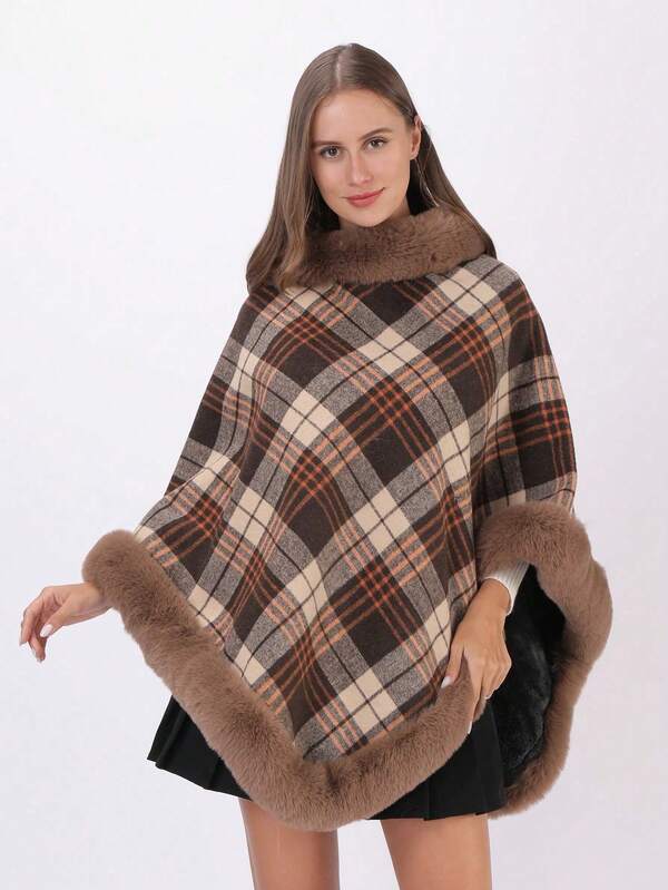 1pc Women's Solid Color Fluffy Collar & Trim Thermal Lined Hooded Poncho Shawl, Fashionable & Warm, Suitable For Banquets, Outings, Travels, Parties, Christmas, Valentine's Day