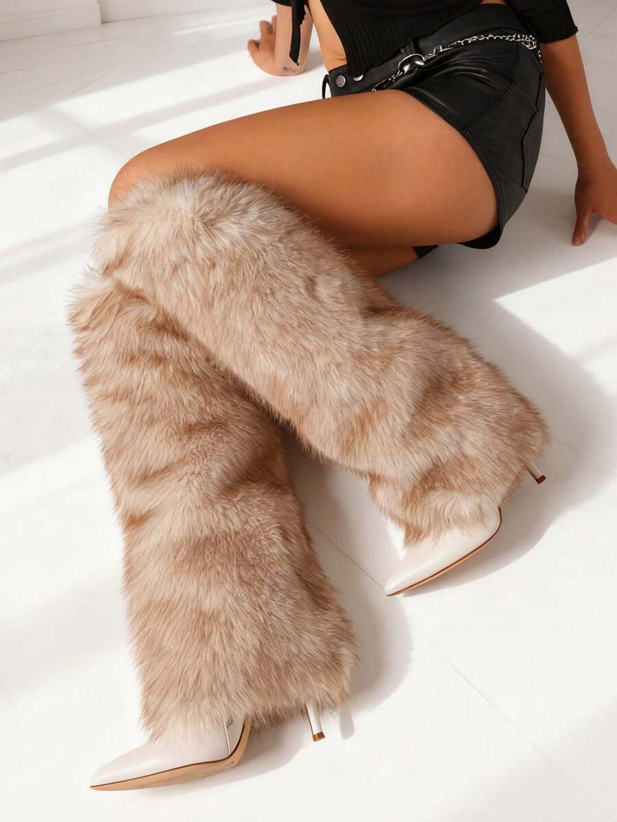 Sexy Women Furry Boots Stiletto High Heels Knee High Fluffy Fashion Design Luxury Elegant Party Nightclub Winter Shoes - 杏色 - 查看 1