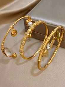 18K 镀金不锈钢优雅珍珠和海星吊坠钻石锆石手镯套装，适合女士，波西米亚海滩珠宝妈妈礼物圣诞节感恩节万圣节婚礼狂欢/舞会/派对/日常配饰周年纪念礼物情人节波西米亚珠宝生日伴娘礼物 - 彩色 - 查看 5