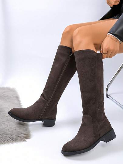 2025 Winter Fashion Riding Boots, Buckle Strap, Slim Fit Over-The-Knee Boots, Brown, Black, Suitable For Women, Brown Over-The-Knee Boots, Fashionable Outerwear, Faux Suede Uppers Easy To Maintain, Warm Lining For Comfort, Low Heel Rubber Sole For Comfort And Anti-Slip, High Heel Design Slimming Legs, Elegant Long Boots For Autumn/Winter