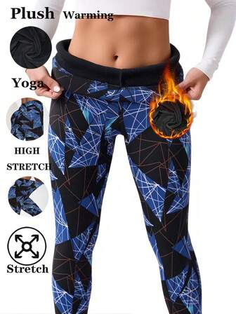 Women's Autumn/Winter Thermal Lined Leggings, Asymmetrical Patchwork Geometric Pattern, High Stretch Soft Skinny Pants. Blue Color, Comfortable For Home, Yoga, Exercise, Outdoor Activities, Parties, Holidays. Ankle Length