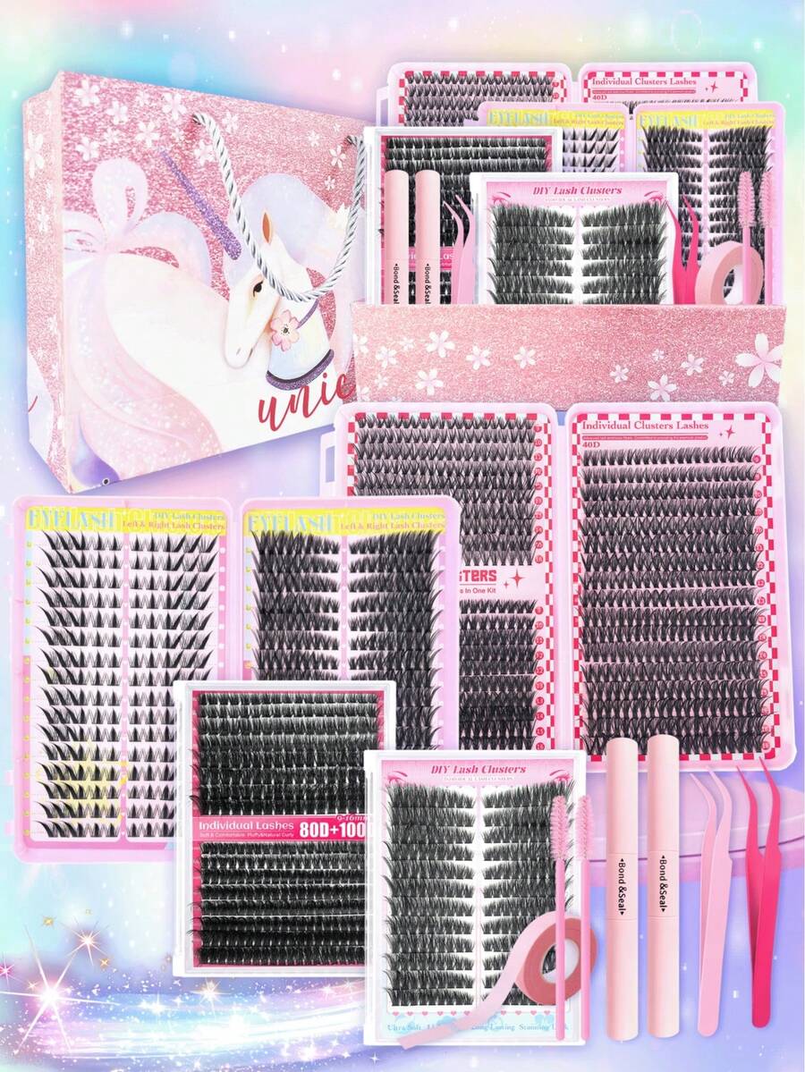 1700PCS D Curl Lash Clusters Extension Kit, DIY Lash Clusters False Eyelash Kit, Including 9-18mm 30D, 40D, 50D Individual Lash Clusters, Comes With Lash Glue, Sealant, Tweezers, Lash Brush, Beauty Tape, Suitable For Personal Use (9-18mm Size Kit), Lash Clusters Kit, False Lashes, Eyelashes, Fake Lashes - màu đen - Xem 1