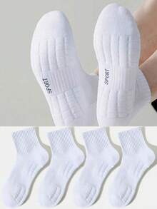 4 Pairs Thick Terry Towel Socks, Men's White Mid-Calf Socks, Moisture Wicking, Suitable For Tennis, Badminton, Running, Basketball, Couples