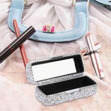 GlossyPop Lipstick Case With Mirror, Bling Crystal Lipstick Case Diamonds Makeup Cosmetic Storage Box Holder For Purse Ladies Fashion (Silver Color) - Bạc - Xem 4