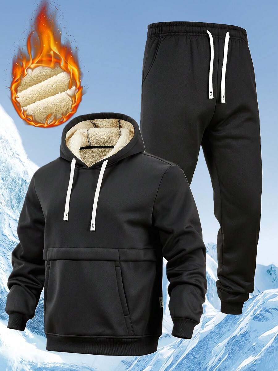 2pcs Men's Fleece Hoodie And Sweatpants Set, Thick Warm Hooded Top And Drawstring Ankle Pants, Autumn/Winter
