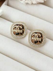 1 对时尚优雅水钻豹纹金色字母耳钉，适合女性日常佩戴，奢华高端耳环 - 多色閃鑽豹紋 - 查看 2