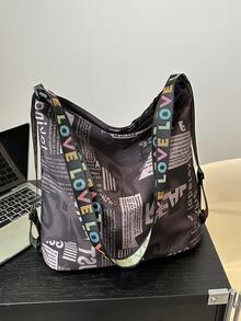 Bolso de mano de estilo retro y casual con estampado de letras en graffiti de poliéster, bolso de hombro minimalista de gran capacidad, adecuado para compras, calle, viajes y uso diario de mujeres