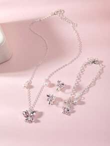 Set de 4 piezas con collar, pulsera y aretes con forma de mariposa con diamantes y perlas falsas en color rosa para adolescentes - Multicolor - Ver 5
