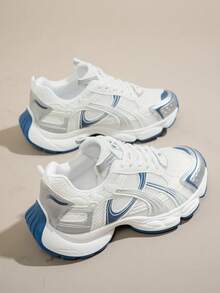 女士春秋新款休闲厚底运动鞋，网眼透气厚底坡跟休闲鞋，轻便百搭时尚系带白/灰色休闲运动鞋，适合所有季节 - 藍色 - 查看 3