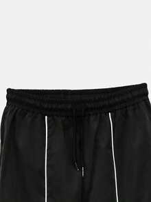2pcs Women's Fashion Woven Contrast Striped Top And Wide Leg Elastic Waist Sports Pants Set Black Spring - Black - View 3