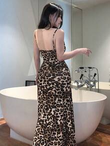 Vestidos Sexy Para Mujer Con Estampado Slim Sin Mangas Backless Cita Party - Marrón - Ver 5