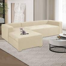 L Shape Sectional Sofa Cover 2-Pieces Couch Chaise Cover Soft Jacquard Elastic Stretch Sofa Slipcover Washable Protector For 3 Seater + 4 Seater Sofa Furniture Protector Couch Stretch L Shape Sofa Slipcover With 2Pcs Pillowcases - Màu be - Xem 10