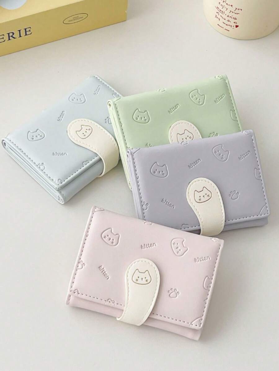 Cute Cat Print Card Holder Coin Purse, PU Short Tri-Fold Coin Wallet, Fresh Color Meaning Well, Snap Button Card Holder - one-size - View 1