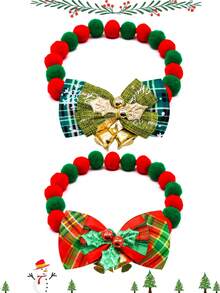 2pcs Christmas Pet Fluffy Necklace & Collar Decorations, Limited Edition Pet Accessories, Christmas Costume Accents, Fluffy Bow Collars For Small Dogs And Cats