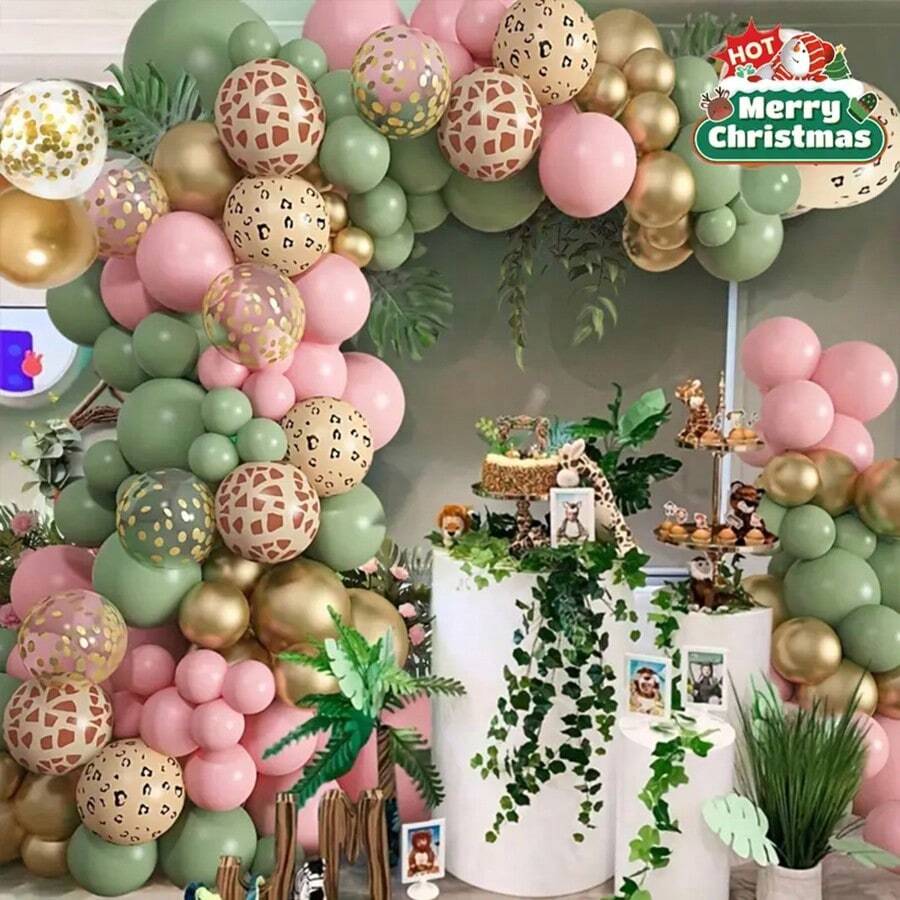 145件丛林探险主题动物图案气球装饰套装 - 粉色、鼠尾草绿和金色气球，饰以长颈鹿和豹纹图案 - 非常适合生日派对、洗礼庆典、万圣节装饰、圣诞节装饰、丛林主题派对装饰，易于组装，打造庆典场景装饰 - 彩色 - 查看 1