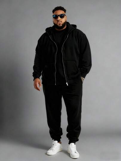 Set de 2 piezas Chaqueta con capucha de bolsillo y pantalones con cordón para hombres de talla grande, de moda casual, adecuado para uso al aire libre, en la calle y para uso diario en primavera, otoño e invierno