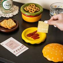 6-teiliges Set Hamburger-Geschirr, kreative, mehrschichtige Musik-Keramik-Geschirr mit niedlichen Gemüse-Tellern, Dessert-Tellern und Untertassen für Dipsaucen, inklusive niedlicher Hamburger-förmiger Teller, Schüsseln und Dessert-Teller mit Unterglasur-Farben