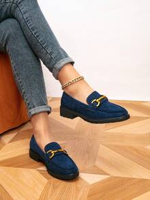 女士圆头金属扣平底乐福鞋，户外厚底平底布洛克鞋休闲鞋，春秋季 - 藍色 - 查看 3