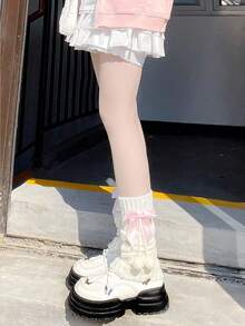 STAR RIVER 1雙女款蘿莉塔風粉色/白色/藍色蝴蝶結與毛球針織腿套，Y2K，JK腿套，可愛甜美款 - 彩色 - 查看 6