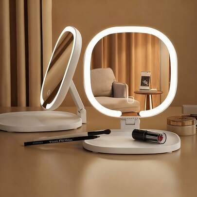 Espelho de Maquiagem Portátil Recarregável com LED, Lente de Aumento de 10x, Iluminação em Três Cores, Tela Sensível ao Toque com Intensidade Ajustável, Ajuste Multiângulo, Espelho de Maquiagem de Mesa Dobrável e Portátil, com Bandeja para Armazenamento de Maquiagem e Batom, Carregamento USB, Presente Criativo para o Dia dos Namorados, Presente para Mulheres, Presente de Natal