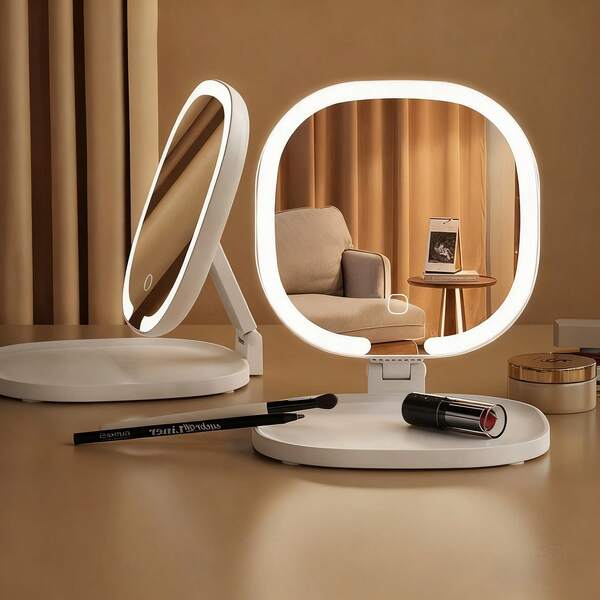 Rechargeable LED Travel Makeup Mirror, 3-Color Lighting, Dimmable Touch Screen, Multi-Angle Adjustable, Foldable Portable Vanity Mirror With Makeup Tool And Lipstick Tray, USB Charging, Creative Valentine's Day/Christmas Gift For Women