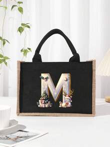 Men's Casual Tote Bag, Large Capacity Shopping Bag, Linen Beach Tote Bag Christmas Theme 26 Letter Print Commuter Tote Bag Yellow Linen Tote Bag, Shopping Bag With Gold Letter And Flower Print, Large Capacity Reusable Shopping Bag Laptop Bag Christmas Bags