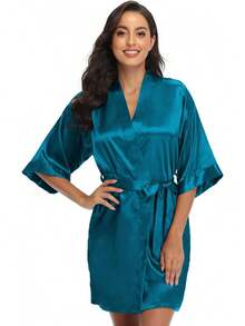 Women's Kimono Bride Bridesmaid Robes With Rhinestones Short Satin Bathrobes Wedding Party Getting Ready Day - 橡膠粉紅 - 查看 9