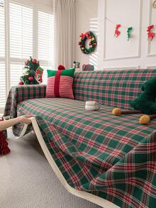 1pc Vintage American Style Plaid Multi-Purpose Anti-Slip Sofa Cover Blanket With Tassels, Suitable For Christmas And Holidays