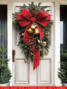 1 faixa de Natal para porta, com sinos dourados e padrão de fita vermelha, faixa de cortina de poliéster para porta, tamanho 183 x 90 cm, adequada para decoração de casa na porta da frente, faixa de festa para decoração de comemoração. Este é um produto de tecido, não uma guirlanda.