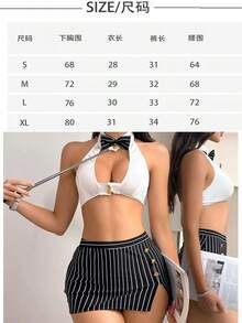 3-Piece Set Of Sexy, Fashionable And Intellectual Teacher Cosplay Set For Women, OL Uniform Seducing Female Cosplay Set, Hollow Button Corset+Slit Striped Skirt+Tie Set, Halloween Character Costume, Couple Costume, Theme Party Costume - 黑色 - 查看 7