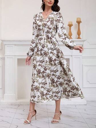 Leaf & Floral Print Bohemian Elegant Front ButtoDressss, Vacation Style