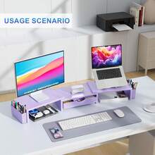 Soporte elevador para monitor dual, organizador de escritorio con cajón y 2 portaplumas, organizadores de escritorio y accesorios, decoración de oficina morada (morado) - blanco - Ver 5