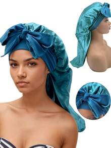 1pc Black Sleeping Cap, Women's Pink Elastic Drawstring Long Satin Silk Sleep Cap, Curl Hair Wrap, Long Hair, Braids, Dreadlocks, Curly Hair Silk Sleep Cap, Satin Bow Sleep Cap Sleep Bonnet - Multicolor 1pc - View 16