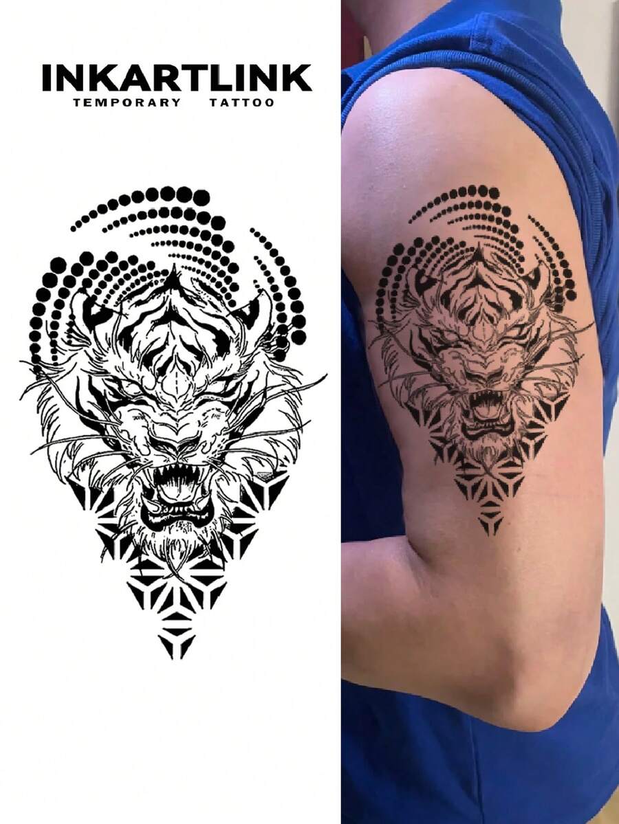 INKARTLINK Dark Geometric Tiger Head Temporary Tattoo, Semi-Permanent Tattoo, Authentic Tattoo, Waterproof Long-Lasting 1-2 Weeks, Inspiring Tattoo, Fake Tattoo, Waterproof, Genuine Tattoo Appearance, Niche Design Tattoo - Black - View 1